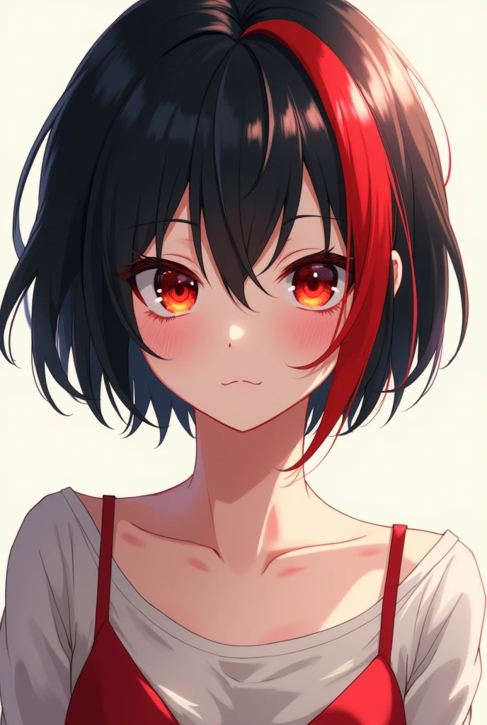 Short black hair girl with red locks and red eyes anime
