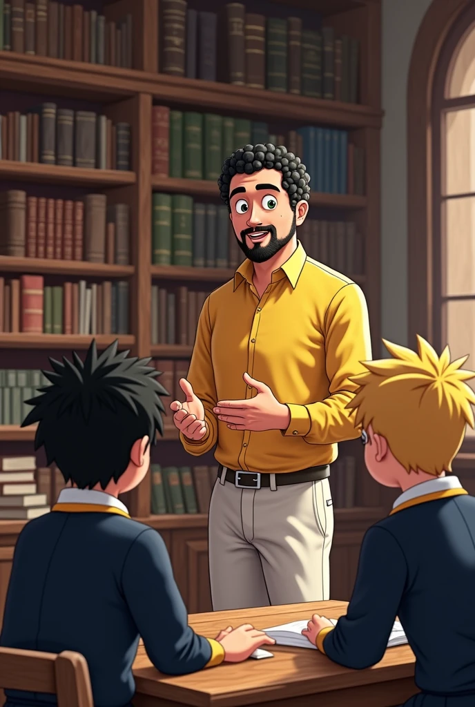 In a vibrant realistic photo , Professor Petterson is shown teaching a lesson to his two students in a traditional library setting. He is dressed in his usual yellow dress shirt, paired with white pants, but without the bow tie. The scene takes place in a Catholic monastic library, characterized by its classic wooden bookshelves filled with old tomes and religious texts.
Professor Petterson stands at the front of the room, engaging the two students with a warm and attentive expression. His short, curly black hair and prominent goatee are depicted with crisp detail, emphasizing his thoughtful demeanor. The students, both , are seated at a wooden table. The dark-haired student with spiky hair and the blonde student with green eyes are focused on their books, wearing their regular dark blue school uniforms with yellow trim.
The library's atmosphere is serene and scholarly, with large windows allowing soft light to filter through, casting a gentle glow on the wooden furniture and books. The overall setting is rich in detail, capturing the essence of a traditional monastic library with a calm, educational ambiance.