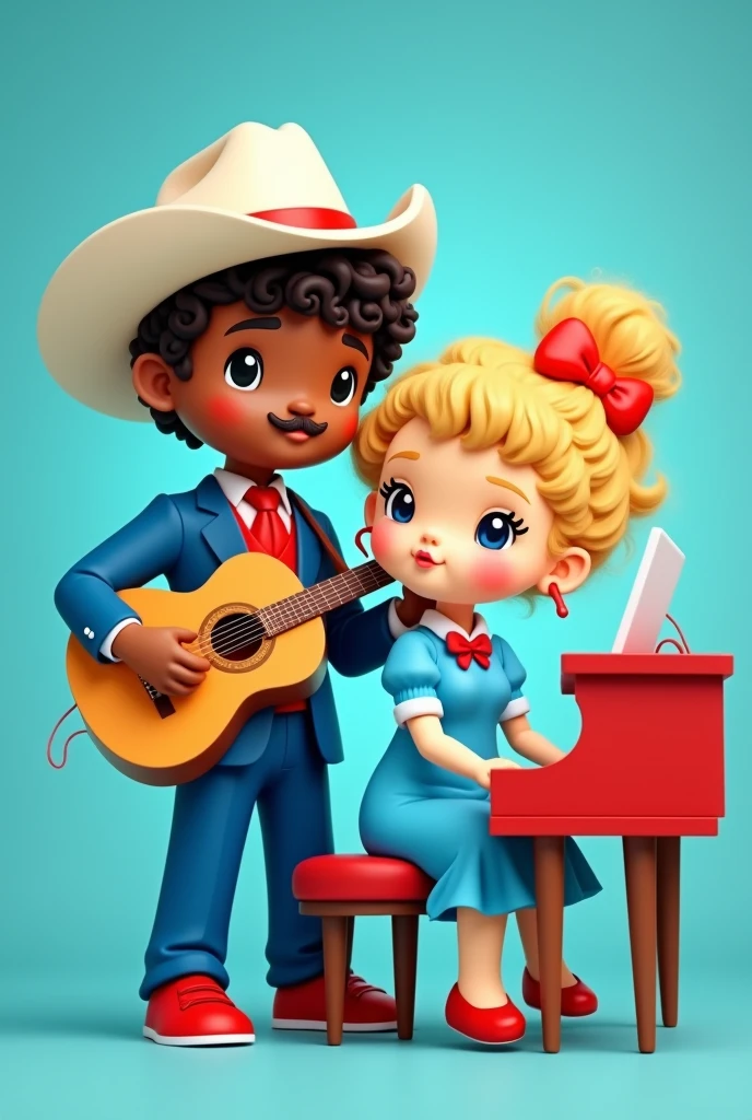 casal  formato hello kitty,the man with short curly hair, white cowboy style hat, pele chocolate, with a mustache, blue suit, red dress shirt, calça azul Red Shoe, with a guitar,the woman with light beige skin,long blonde curly hair with hairstyle on top of the head, blue long sleeve dress , with red bow at the neck, Red Shoe,playing piano ,WITH A CIGARETTE ,blue background