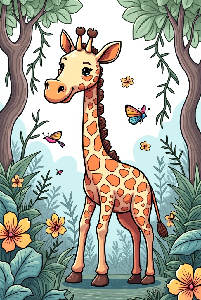 giraffe coloring page in the jungle