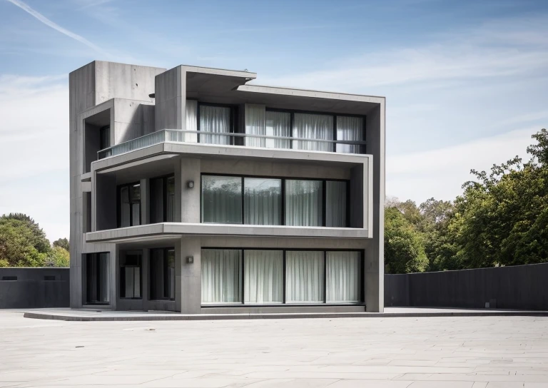exterior building, glass windown, modern style, building have 2 kind of stones in facade: gray stone in the small front rectangle at level 2, An ultra-realistic, award-winning shot of a futuristic villa designed by Le Corbusier, inspired by the photography of Ezra Stoller, captures the building in the harsh, midday sun, with sharp, high-contrast reflections and bold, Shot with a Phase One XF IQ4 and a 50mm Schneider Kreuznach lens, the image emphasizes the building's avant-garde design and the mesmerizing play of light and reflection, creating a visually striking architectural statement. building in the city