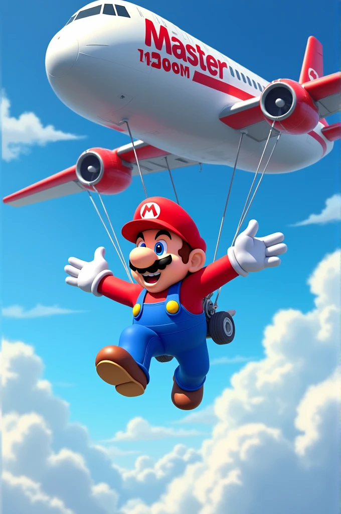 Super Mario parachuting out of a plane that says (Master Games)