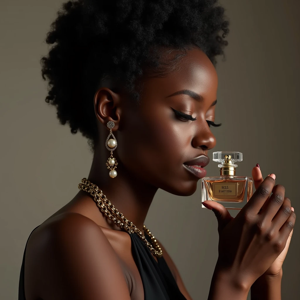 A photorealistic portrait of a beautiful ebony-skinned woman in a professional photography studio. She has a concentrated and passionate expression, holding a camera firmly as she carefully focuses on an elegant crystal perfume bottle. The lighting is soft and diffused, with a minimalist background to emphasize the subject and the product. The perfume bottle has a sophisticated design, with balanced reflections and shadows enhancing its elegance. The woman is wearing tasteful jewelry that complements her refined appearance. The image is rendered in 8k quality, with vivid colors and a high level of detail, showcasing professional studio lighting and physically-based rendering to create a realistic, high-quality product photography scene."
