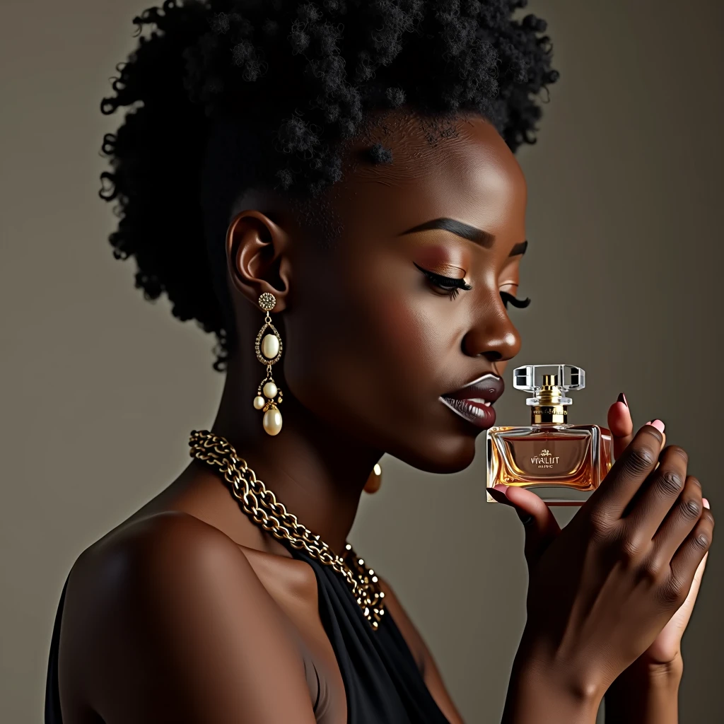 A photorealistic portrait of a beautiful ebony-skinned woman in a professional photography studio. She has a concentrated and passionate expression, holding a camera firmly as she carefully focuses on an elegant crystal perfume bottle. The lighting is soft and diffused, with a minimalist background to emphasize the subject and the product. The perfume bottle has a sophisticated design, with balanced reflections and shadows enhancing its elegance. The woman is wearing tasteful jewelry that complements her refined appearance. The image is rendered in 8k quality, with vivid colors and a high level of detail, showcasing professional studio lighting and physically-based rendering to create a realistic, high-quality product photography scene."