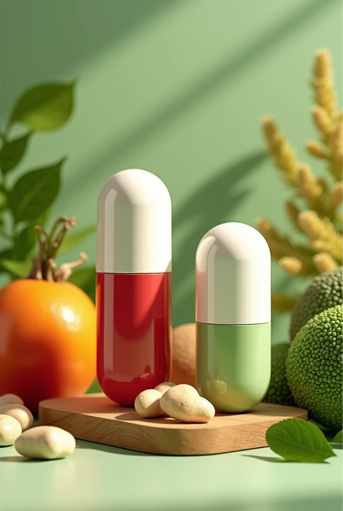 Still images: Product Image with Natural Elements: Detox is Sample of Red (two encapsulated products with a fruit base, veggies, or natural elements that suggest health and well-being. Benefits Charts: Images listing benefits like “Improves Skin” and “Speeds Metabolism” with icons or small graphics. capsules around the red one must be half red and half white, while the green detox one