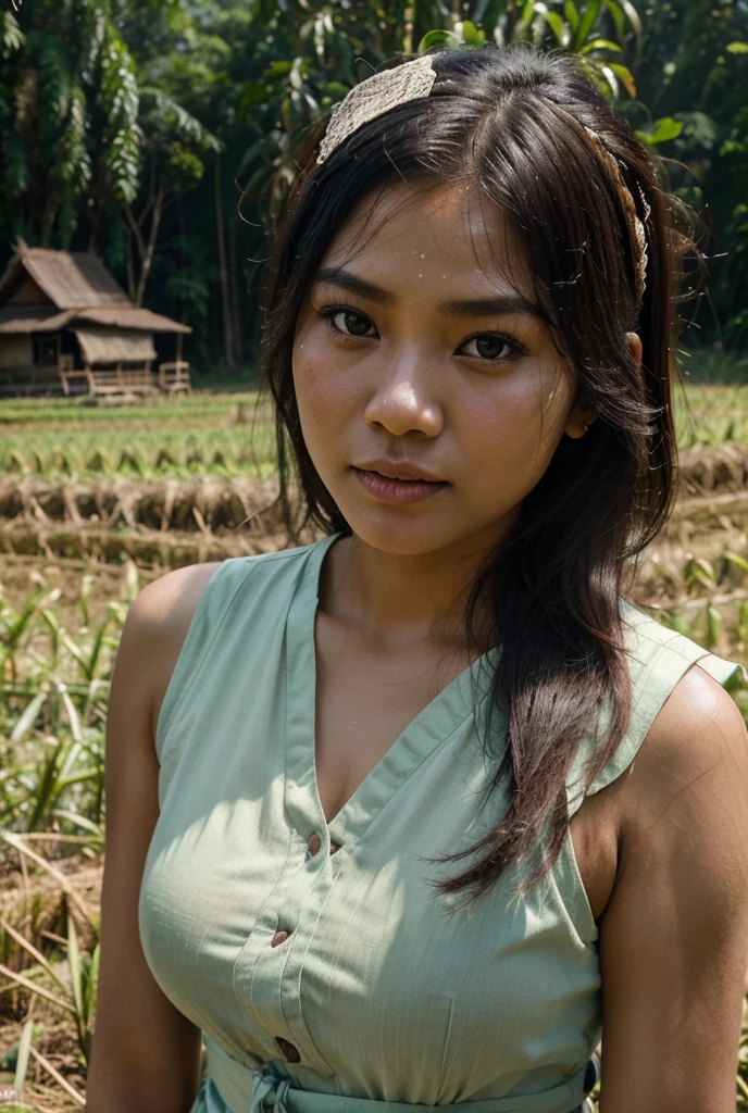 1girl, beautiful detailed female indonesian woman, young, indonesia, southeast asia, east asian face, muslim, head covering, short, thicc, natural, natural lashes, no makeup, glistening sweat, thin face, cute face, light skin, traditional clothing, arafed woman, indonesian farmer, indonesia harvest, indonesia rural travel, indonesian woman, traditional indonesia, rural indonesia, in bed, makeshift bed, paddy field, jungle, impoverished, disheveled, farmer, farming, messy thick luscious hair, jet black hair, tied short hair, traditional hairstyle, detailed face, penetrating eyes, beautiful detailed lips, extremely detailed skin, detailed clothing, colorful clothing, (best quality,4k,8k,highres,masterpiece:1.2),ultra-detailed,(realistic,photorealistic,photo-realistic:1.37), natural lighting, warm color tones, cinematic composition