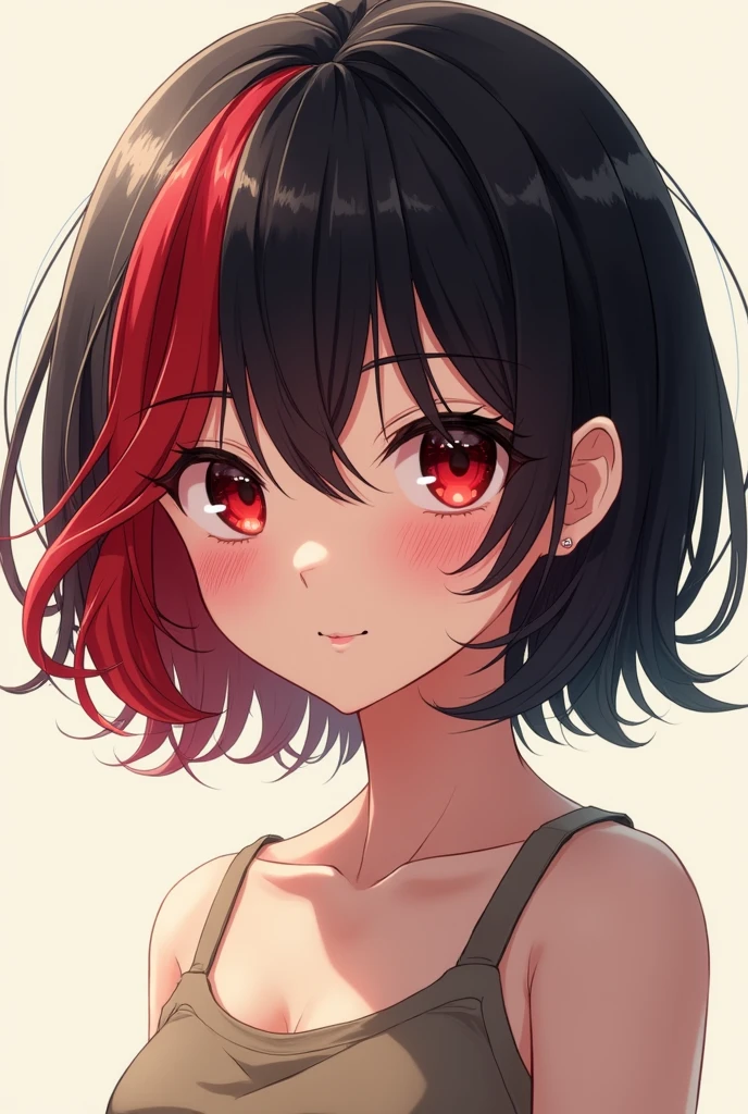 Short black hair girl with red locks and red eyes anime
