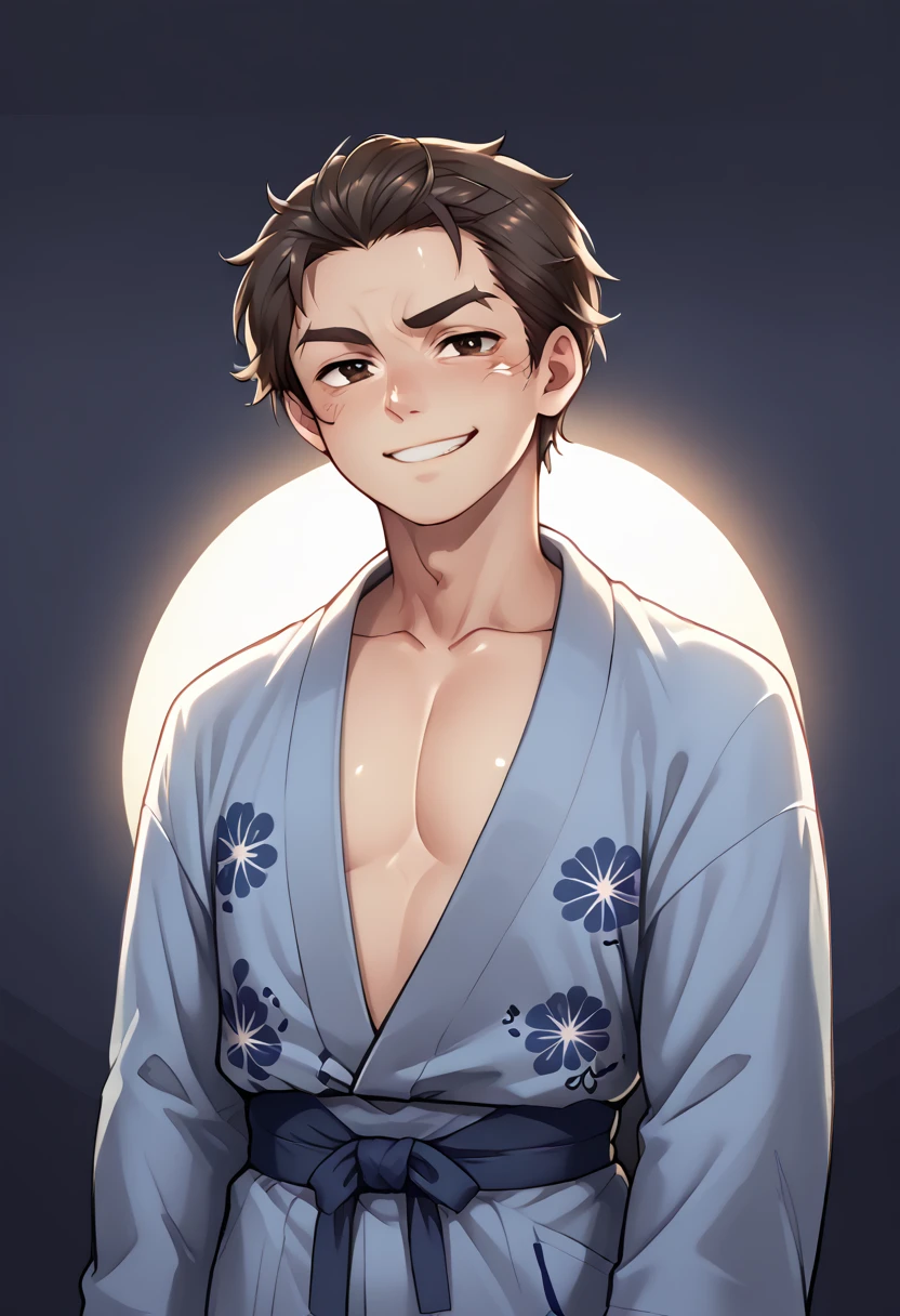 Two portrait. A young, androgynous Japanese man of 20 years old with big brown eyes and short brown hair, softh facial features. The young man is wearing a blue yukata and has a shy smile. A handsome middle-aged japanese man, short black straight hair, slight facial wrinkles, roguish smirk, wears a dark brown yukata, taller than the young man, grinning lasciviously. Ultra detailed, two men portrait, warm lighting, cinematic, chiaroscuro lighting, dramatic, yaoi couple, moody, intricate details