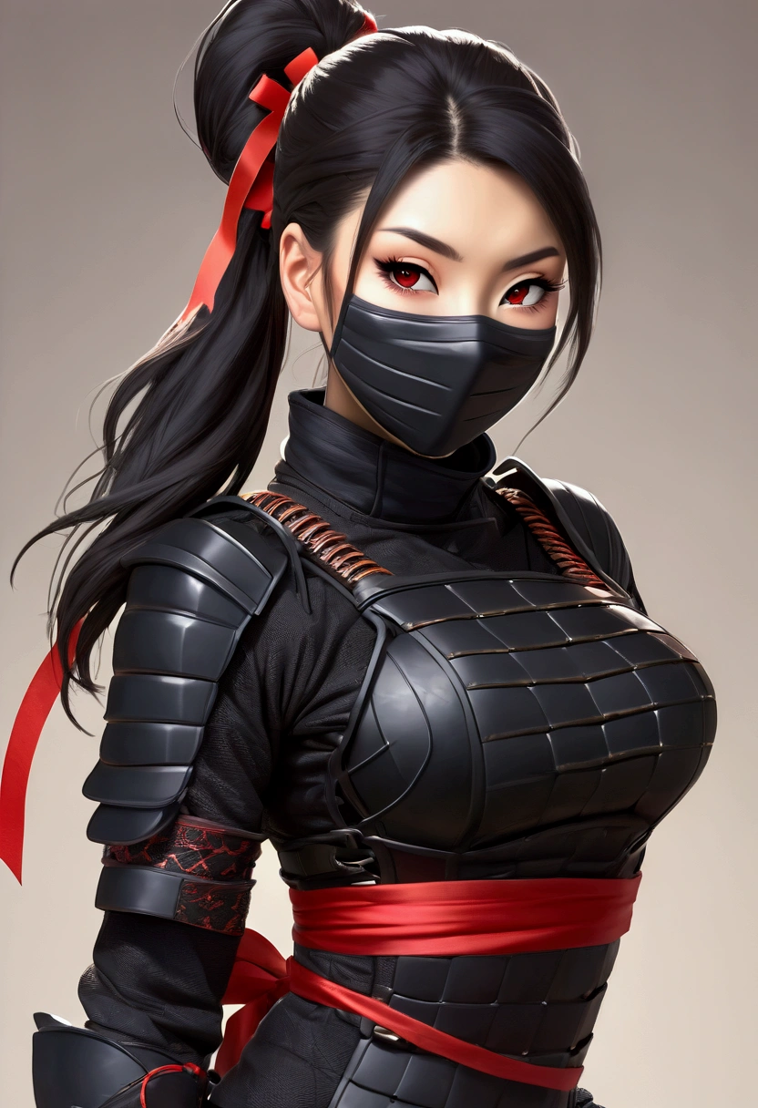 Thirty-year-old woman, 170 cm tall, (((((classic female ninja))))), model-like beauty, perfect features, ((((wearing in black ninja armor)))), (((((no mask on her face:1.5))))), (((black ponytail with red ribbon))), Her chest is exposed、Huge Breast