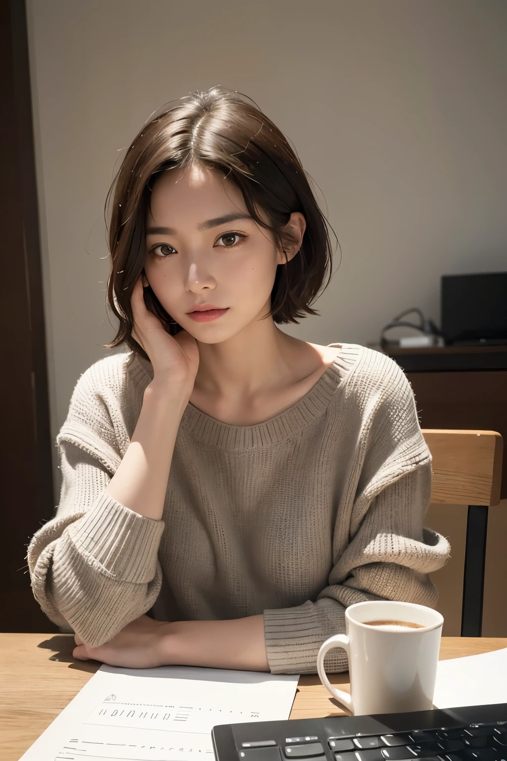 masterpiece, Highest quality, 8k, 1 female, The background is inside a Starbucks、Nomad、Mugs on the table,laptop,Typing with both hands,40 years old, Mid-chest, Please open your mouth a little , His eyes are looking down at the computer,alone, sad,Casual knitwear for clothing, Adult women, Delicate woman, Pure beauty, RAW Photos, Professional photography, Portraiture, Soft Light, Professional Lighting, Backlight, Upper Body, Sophisticated, Film Grain, (Eye and facial details:1.0), Short hair swaying in the wind, Beautiful flowing brown hair, 50% of the people%occupy、The landscape that stretches across the rest of the painting serves as the background.