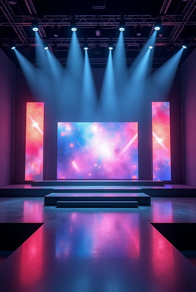 Make a front stage design with lights and LED screens in ceiling and ground