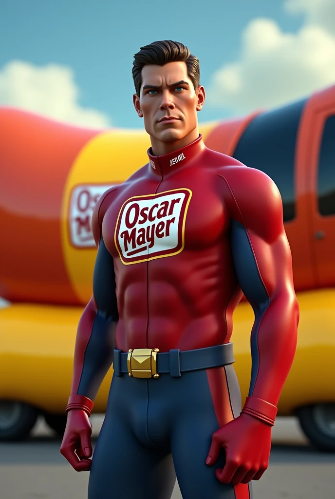I want you to generate an image where the character Homelander is dressed in Oscar Mayer's uniform standing and in the background of Homelander appears Oscar Mayer's sausage car