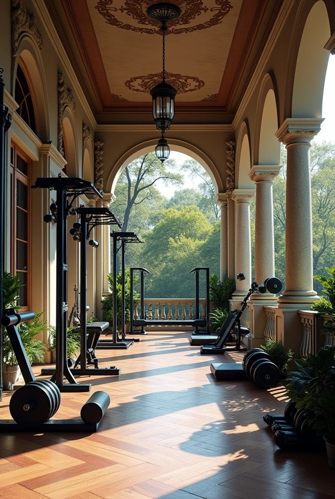 Gym with pull-up bar, dumbbells, free weight bar and a boxing ring on the porch of a mansion 