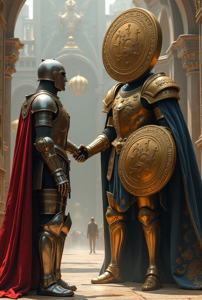 A knight in shining armor and a beautiful coin-shaped shield in his hand, and a king with a large coin-shaped head, ready to attack.