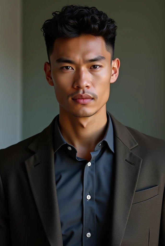 "Create a portrait of a 2 man with a handsome appearance. He should have a crew cut with naturally curly hair, styled neatly. The man should exude confidence and charm, with a strong jawline and expressive eyes. Dress him in a casual, yet stylish outfit, like a fitted shirt or a smart jacket. Ensure the background is simple and complements his features, focusing on highlighting his well-groomed look and confident demeanor."