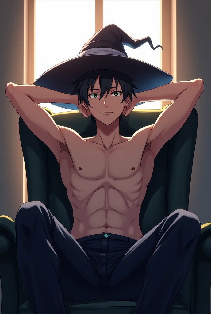 Make an Anime Picture, in which the character itadori from jujutsu kaisen, are sitting in an armchair in a room, just in pants, with arms behind head raised upwards, eyes locked, and a disguised smile, and with a dark witch&#39;s hat, and in the scene the sun from the window is brightening the room where he is 