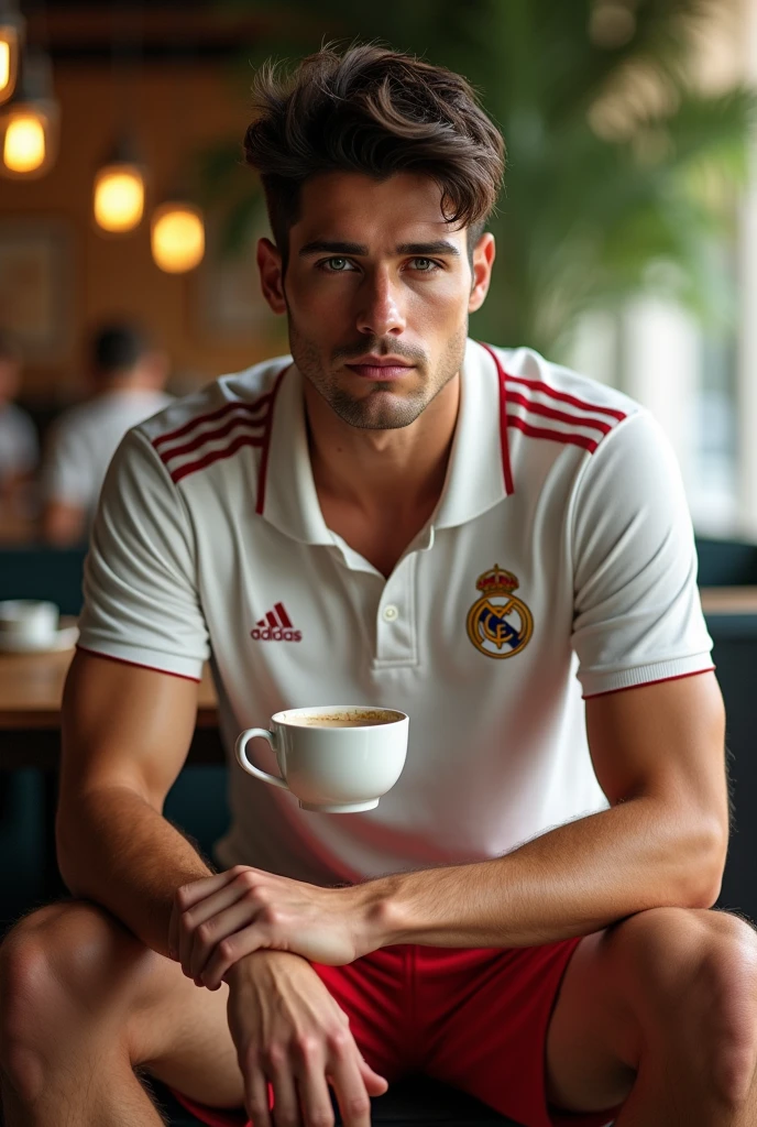 (photorealism:1.2), (8k) (detailed) (Whole body) Give me a man, facial features: square face with a pronounced jawline, prominent cheekbones and thick, dark eyebrows. Adds youth to your appearance. hair: hair oscuro, usually combed back or styled slightly tousled, which can vary between short and medium. eyes: eyes verdes oscuros, with a penetrating look that expresses confidence, with cross-shaped rings on each side. Complexion: slim and well defined. height 1,80, which gives it an imposing presence. style: Your style of dress: Real Madrid polo shirt, red shorts. Skin tone: Skin tone bronceado, typical of the Mediterranean. Expression: He usually has a serious or concentrated expression., Although he can display a charming and confident smile. (Sitting having a coffee) (High resolution), (4k).