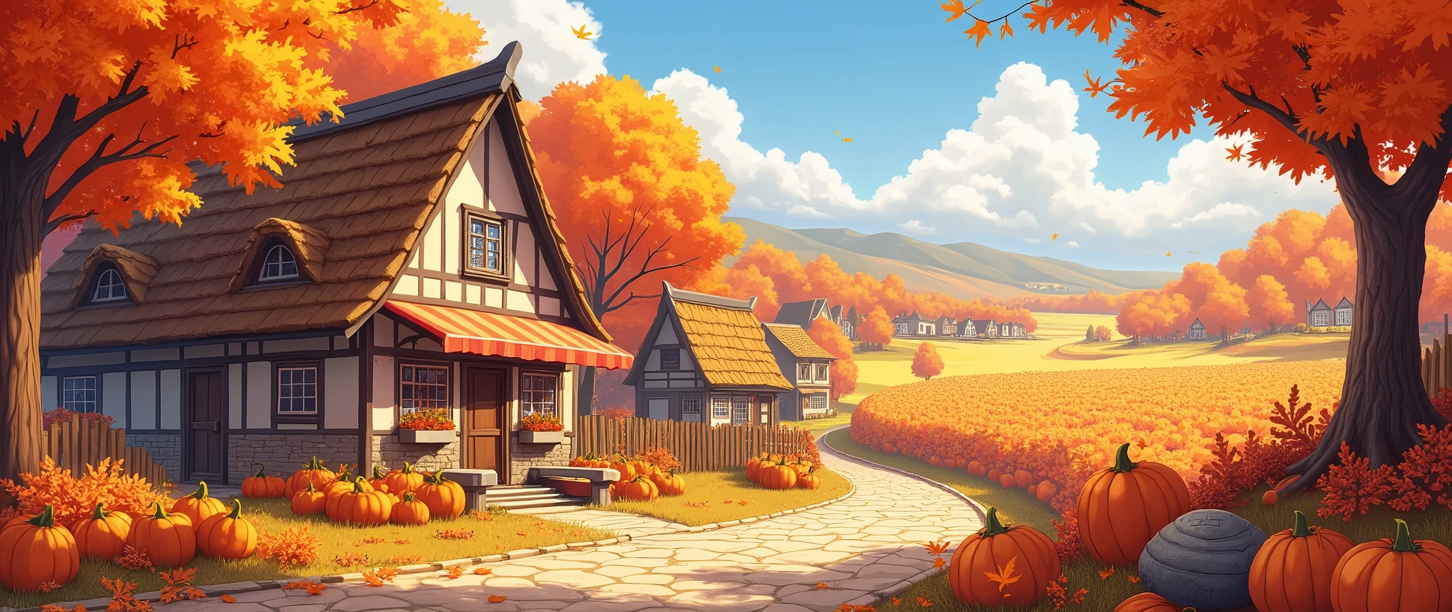 Fall Pumpkin Autumn Aesthetic,Halloween,Cute Village,Town Rustic,Cozy Anime, landscape ,Rustic Orange Maple Leaf Cute Village,Scenery