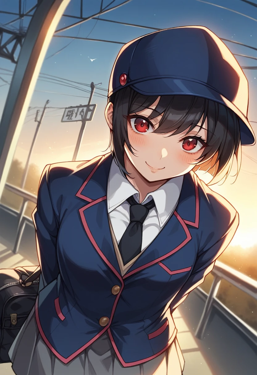 score_9, score_8_up, score_7_up, source_anime, best quality, amazing quality, absurdres, very aesthetic, 1girl, red eyes, wariza, short hair, pixie cut with layers, black hair, portrait, starshadowmagician, solo, 1 girl, best perfect anatomy, thin, curvy body, flat breasts, close up shot on person, a girl showing happy, smile, blush, super high angle from below, looking at viewer, Hide your arms behind your back, standing pose, high school, black baseball cap, uniform, blazer, sweater vest, black necktie, gray skirt, black long socks, Wearing a school hand bag, dynamic angle. perfect dynamic composition, foreshortening, night days, volumetric lighting, Detailed background, Cinematic lighting, Sunlight, Waiting train, train station, Stand on the platform,