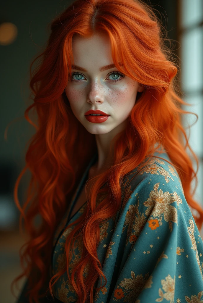 Woman with wavy red hair that falls like a waterfall of fire to her waist, owner of an almond-shaped look with blue irises, has cheeks full of freckles and has red lips and a reserved expression. Her body is short but still curvy and feminine.. Always wear long clothes or a kimono.