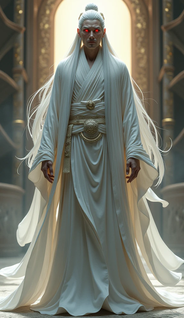 Oriental gods、Zeus、solo, High resolution, Red eyes, Very long hair, Close your mouth, masterpiece, accurate, Anatomically correct, Highest quality, Gray Hair, White clothes、whole body、