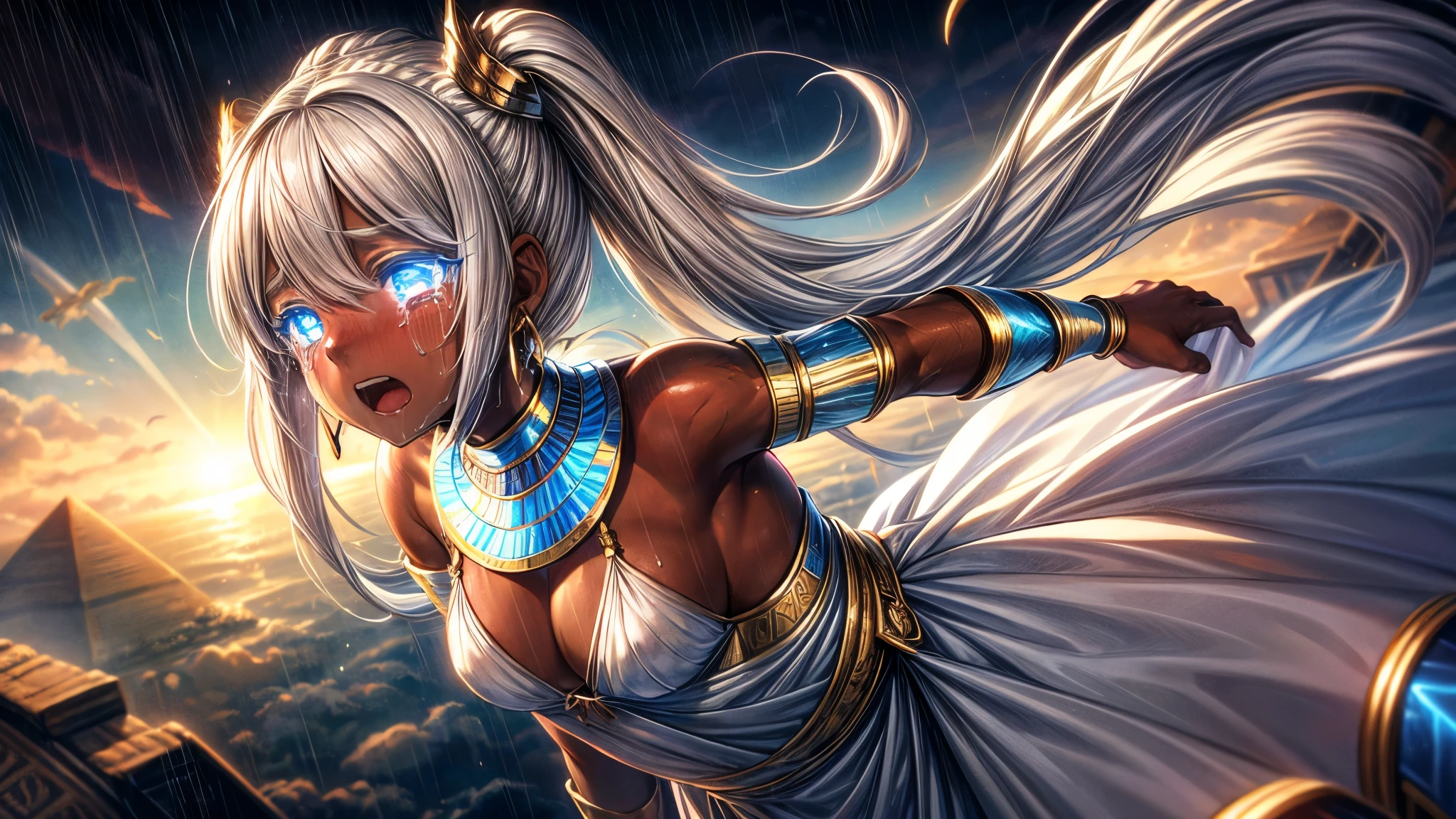 High resolution, masterpiece, Highest quality, Textured skin, Plump Skin, Glowing Skin, girl, Just One, Brown Skin, White Hair, White eyelashes, Small breasts, human, Royalty, Crescent-shaped earrings, Egyptian ornaments, Flying in the air, dress, armor, Low exposure, adult, around 20 years old, Crying out loud, Crying, Surrounded by sadness, Big tears, Twin tails, In the heavy rain