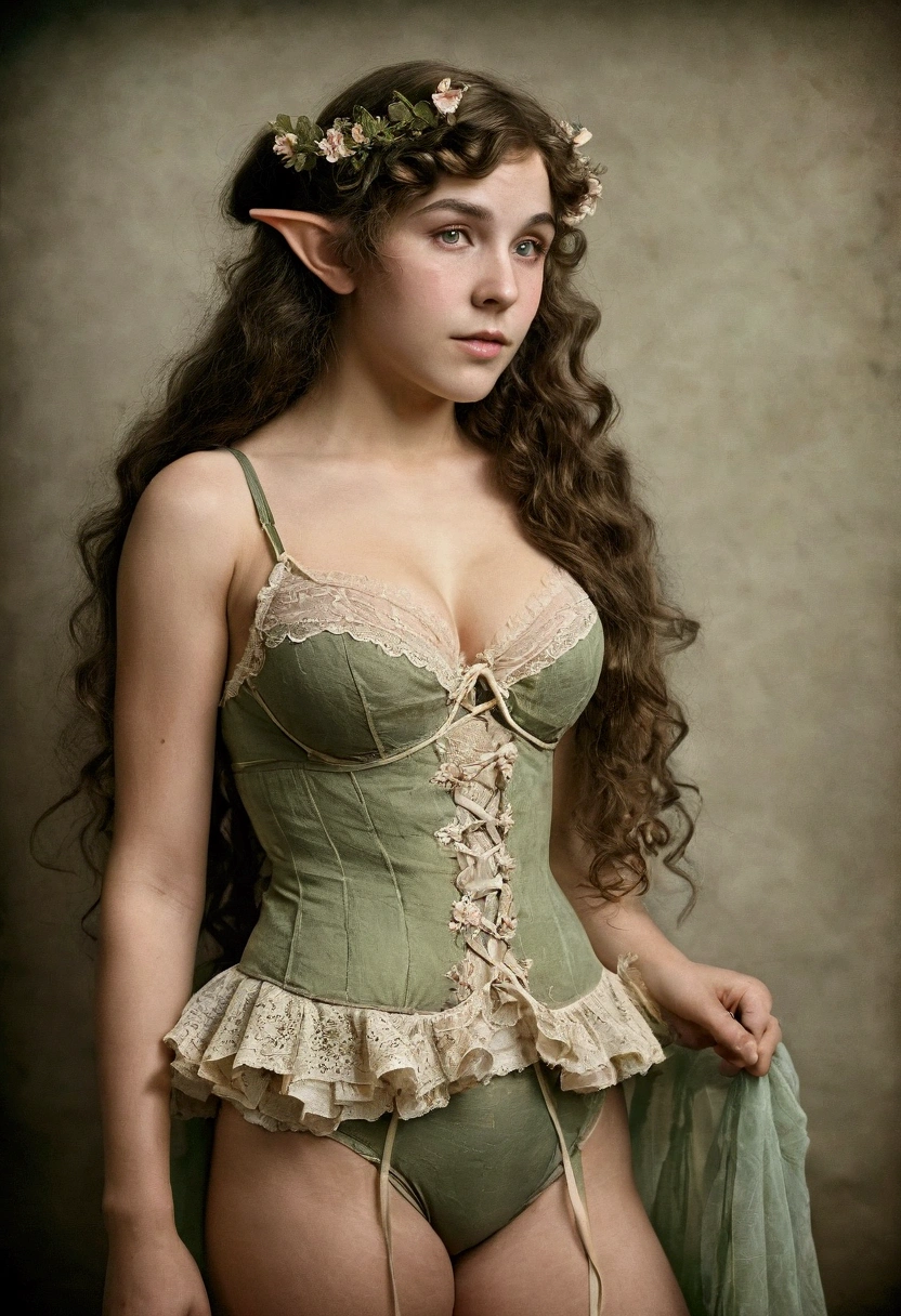 1910s analog film photograph, colorized photo of an elven maiden, 18-years-old, amazonian stature, athletic hourglass figure, busty breasts, narrow waist, full wide hips, big round buttocks, wearing a lacey bralette and frilly bloomers, warm almond complexion, pointy elf ears, dark hair, long messy curls, posing in a vintage photography studio, RAW Photograph, dslr, soft lighting, high quality, film grain, Fujifilm XT3, detailed skin with visible pores, insane details, masterpiece, 8k, faded film, desaturated, grainy, vintage, Lomography, stained, highly detailed, found footage, long elven ears