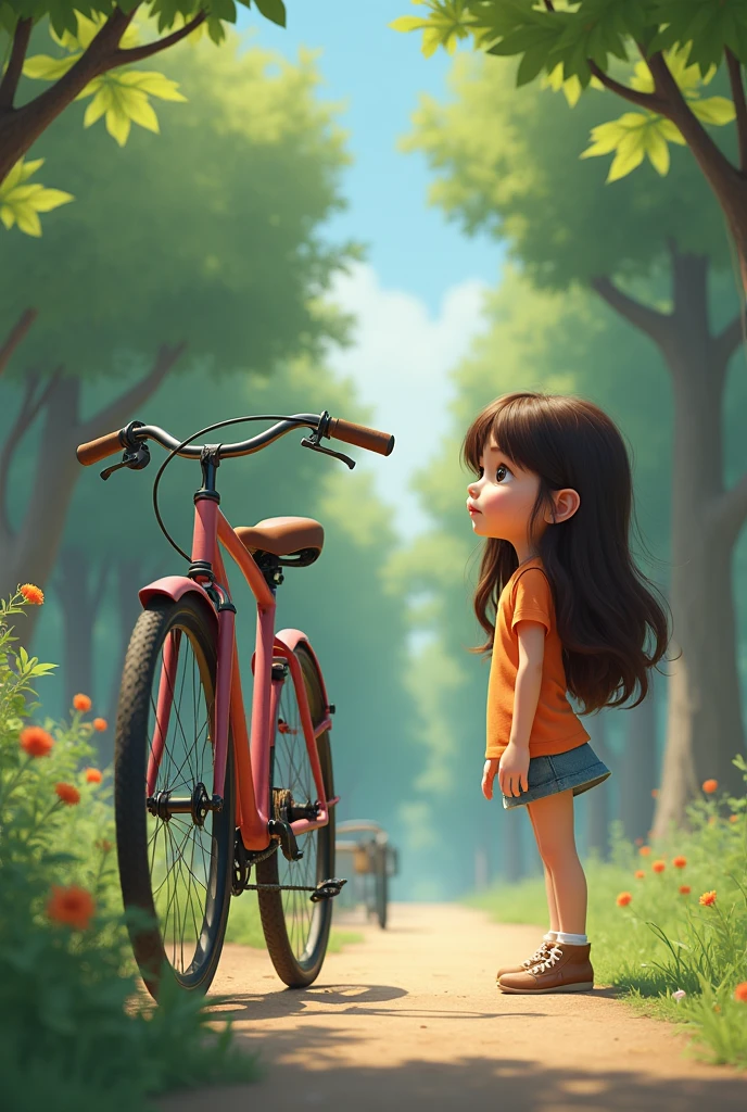 A brunette girl watching a bike
