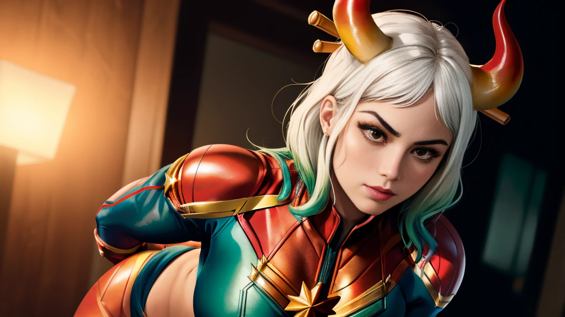 Foto de corpo inteiro, Yamato cosplay captain marvel, (best qualityer:1.3), sultry posing, captain marvel, (demon girl), very huge breasts, seductiv, sexly, white hair with light green tips, horn with red tips