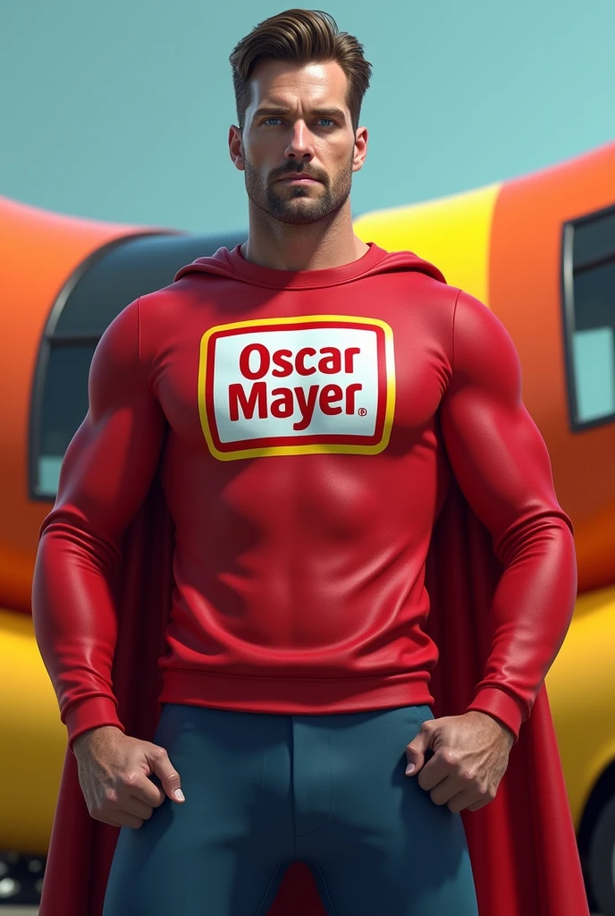 I want you to generate an image where the character Homelander is dressed in Oscar Mayer's uniform standing and in the background of Homelander appears Oscar Mayer's sausage car