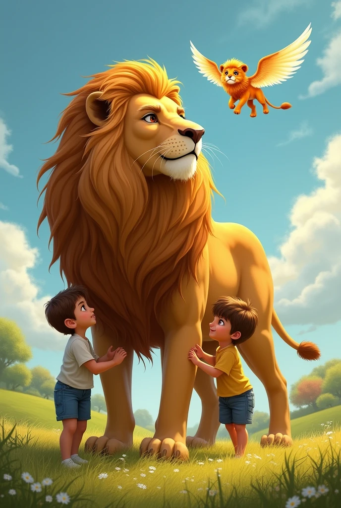 A lion with two children, one bigger than the other and a little lion with wings.