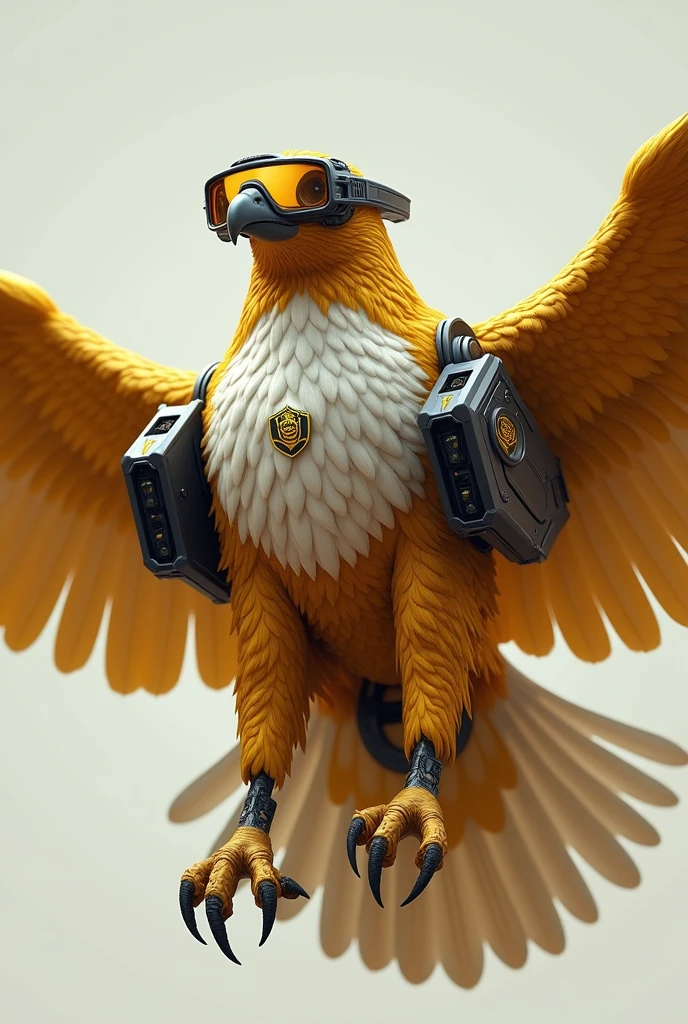 A flying eagle with drone characteristics
With high tech glasses in eyes
Guns in the wings and an amblem
The eagle is golden and white