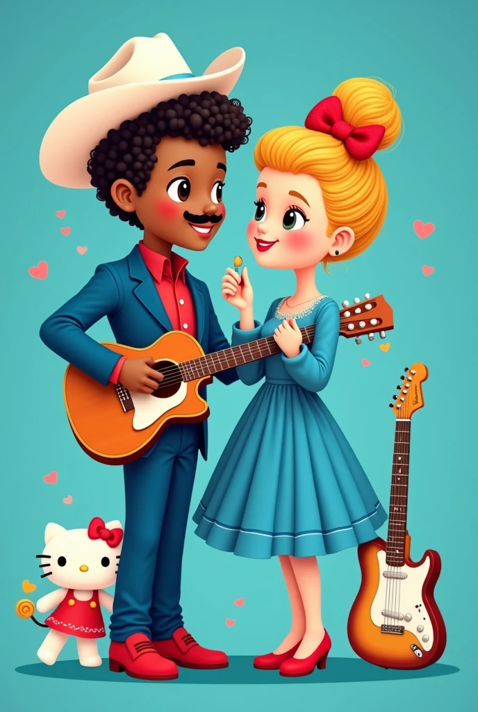 casal formato hello kitty,the man with short curly hair, white cowboy style hat, pele chocolate, with a mustache, blue suit, red dress shirt, calça azul Red Shoe, with a guitar,the woman with light beige skin,long blonde curly hair with hairstyle on top of the head, blue long sleeve dress , with red bow at the neck, Red Shoe,playing piano ,WITH A CIGARETTE ,blue background