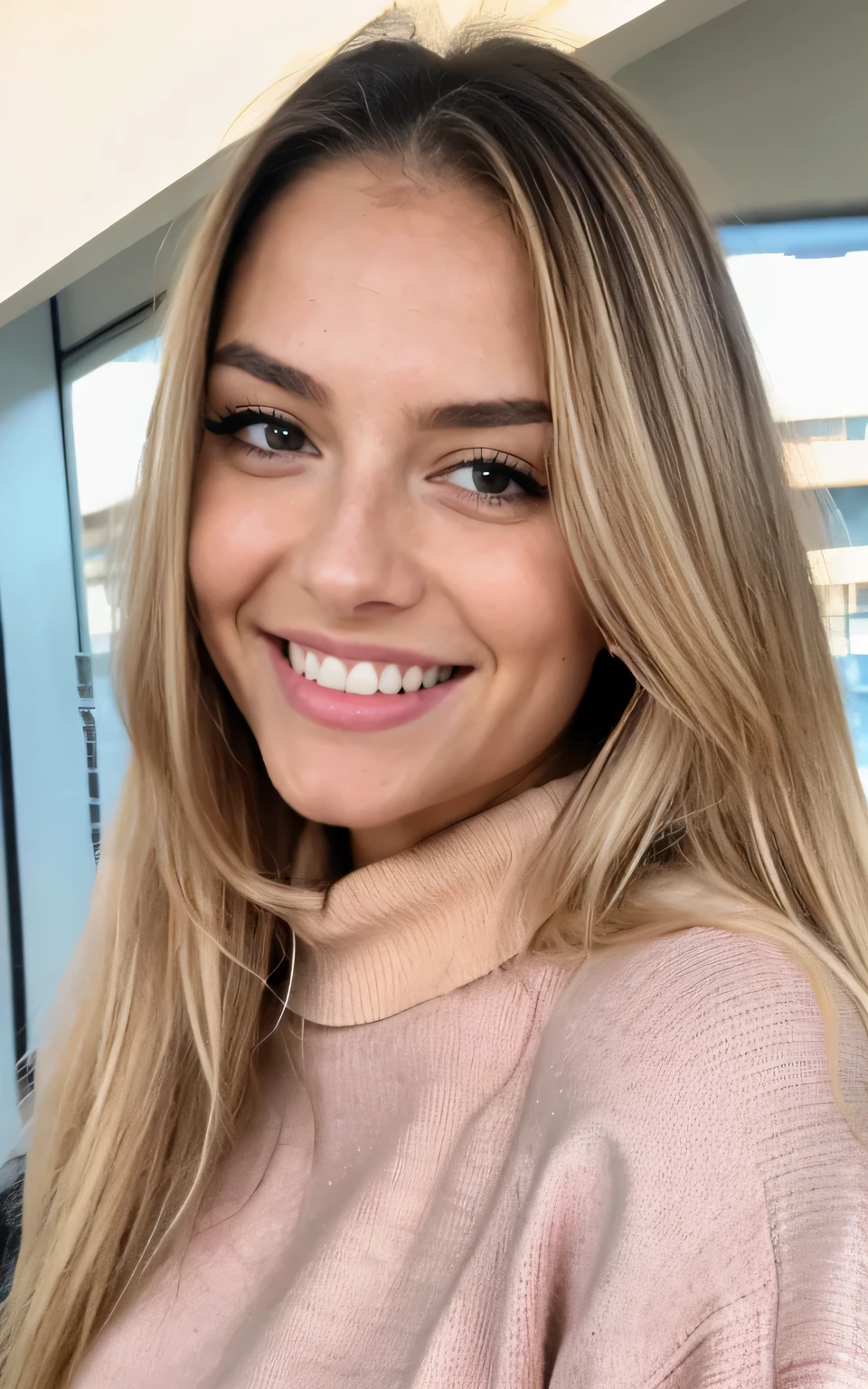 A 2 blonde woman, ((pechos grandes)), ((hiperrealismo)) ,. blonde hair with light brown roots. cabello rubio, Hair with brown roots, cabello extra largo, cabello muy largo, really long hair, Beautiful, Front view, selfie, photo taken with passport camera, elegant pink sweater, passport photo, high quality, HD, huge breasts, shy smile, ultraHD