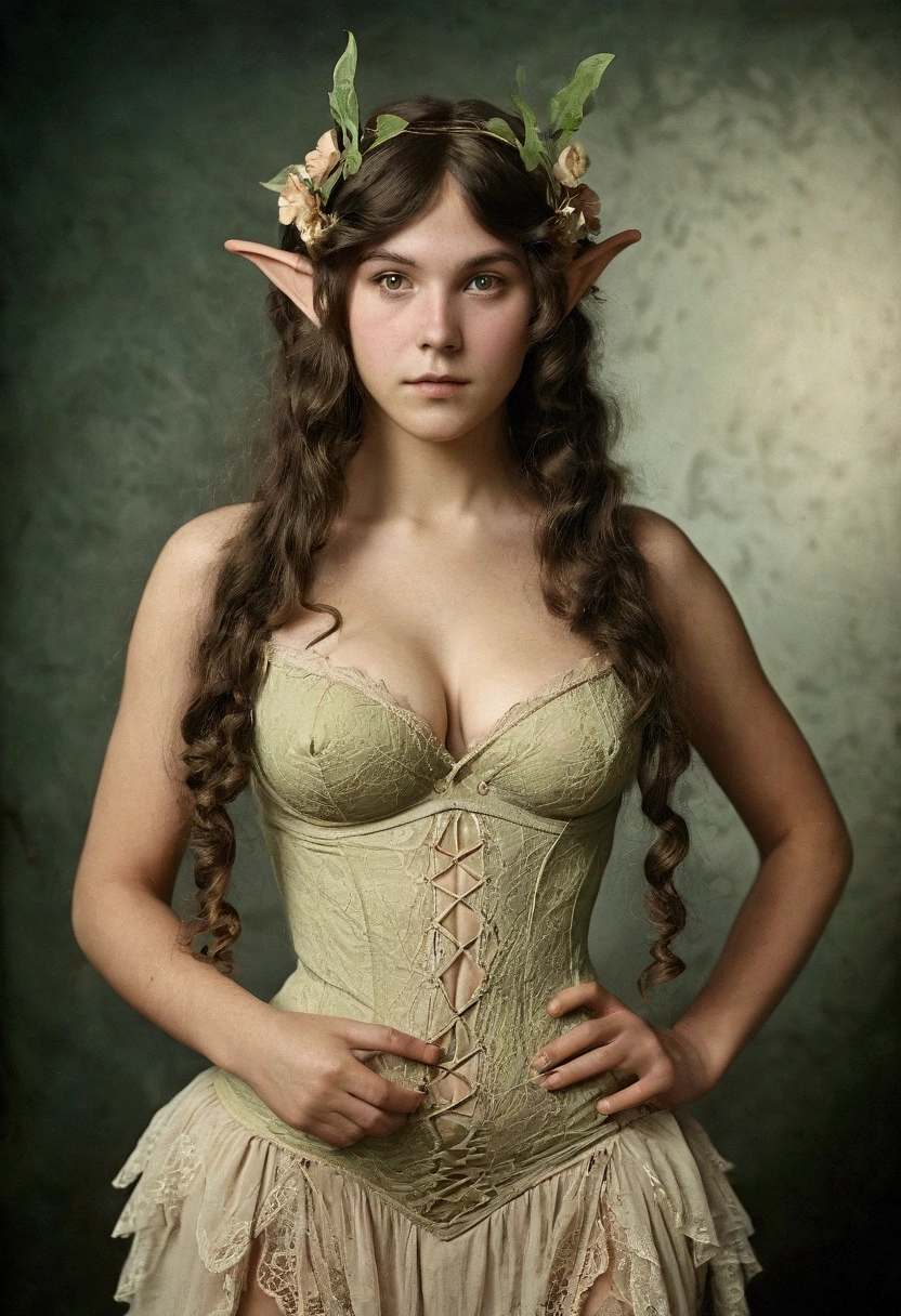 1910s analog film photograph, colorized photo of an elven maiden, 18-years-old, amazonian stature, athletic hourglass figure, busty breasts, narrow waist, full wide hips, big round buttocks, wearing a lacey bralette and frilly bloomers, warm almond complexion, pointy elf ears, dark hair, long messy curls, posing in a vintage photography studio, RAW Photograph, dslr, soft lighting, high quality, film grain, Fujifilm XT3, detailed skin with visible pores, insane details, masterpiece, 8k, faded film, desaturated, grainy, vintage, Lomography, stained, highly detailed, found footage, long elven ears