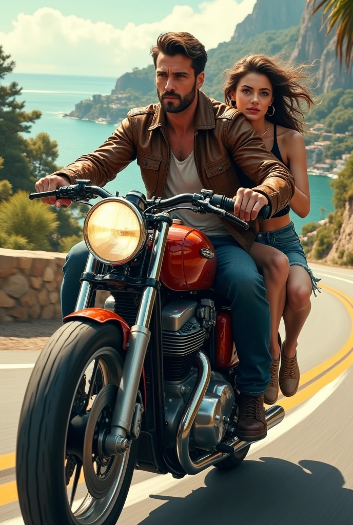 can you make an image of a cafe racer motorcyc with 1 guy and 2 girls while riding