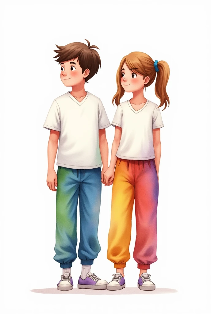 boy and girl looking forward on a white background in a school uniform where the sweatshirt type pants are long to the ankles in blue colors, green, yellow, purple and red in watercolor with soft transitions between them and the white v-neck t-shirt , white tennis shoes, without jackets or coats