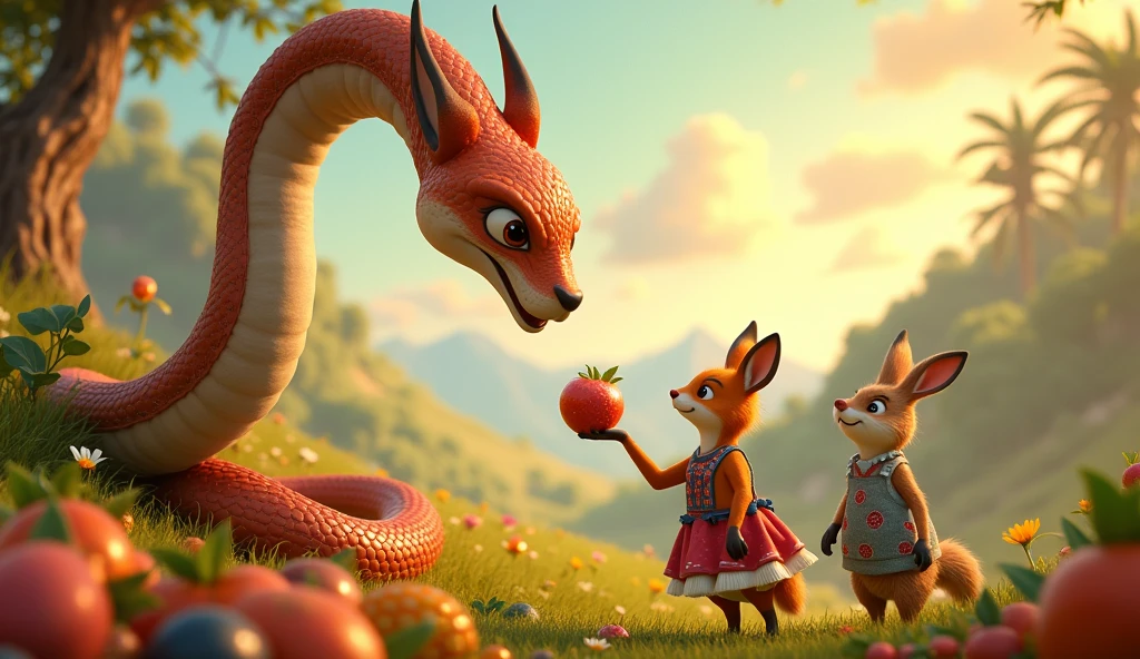 Image: fox and rabbit presenting the fruit to the serpent, who looks amazed.
Cinematic cartoon 3d style