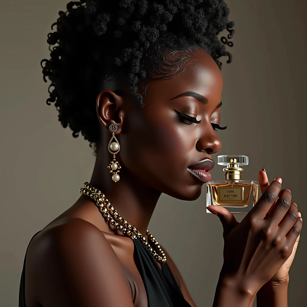 A photorealistic portrait of a beautiful ebony-skinned woman in a professional photography studio. She has a concentrated and passionate expression, holding a camera firmly as she carefully focuses on an elegant crystal perfume bottle. The lighting is soft and diffused, with a minimalist background to emphasize the subject and the product. The perfume bottle has a sophisticated design, with balanced reflections and shadows enhancing its elegance. The woman is wearing tasteful jewelry that complements her refined appearance. The image is rendered in 8k quality, with vivid colors and a high level of detail, showcasing professional studio lighting and physically-based rendering to create a realistic, high-quality product photography scene."