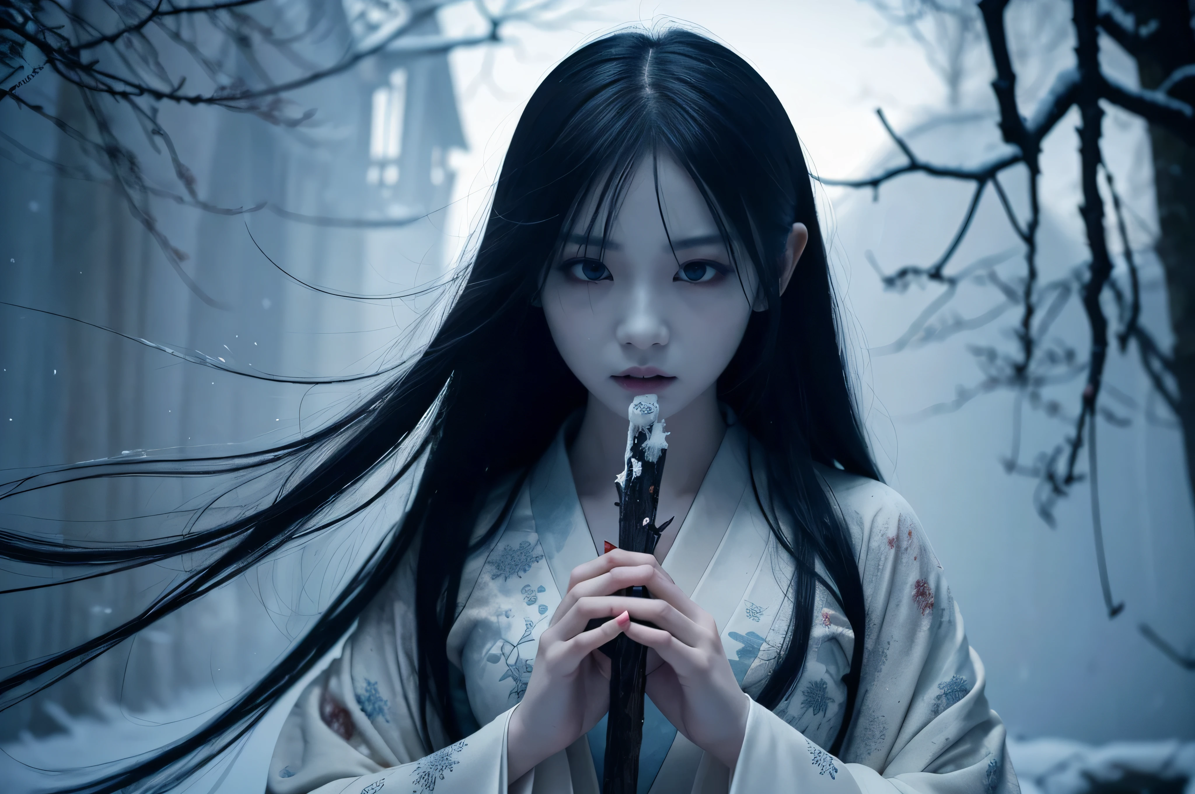 "Include blood, ????, ????????, wounds, injuries, corpses, decay, rotten elements, horror elements, scary faces, monsters, grotesque details, mu**Prompt:** Create an ultra-realistic 8K resolution image of Yuki-onna, the mythical snow spirit from Japanese folklore, reimagined as the ultimate horror figure while retaining her iconic features. Yuki-onna is depicted with ghostly pale, almost translucent skin that glistens with frost, giving her an ethereal and menacing presence. Her long, flowing black hair is tangled and unkempt, partially obscuring her face and adding to her eerie allure. Her eyes are a piercing icy blue, glowing ominously in the darkness, and exuding a sense of cold indifference and terror.

She wears a tattered, white kimono that appears to be made of ice and snowflakes, intricately detailed with dark, sinister patterns that resemble frostbite and shadows. The kimono is torn and ragged, with parts of it seemingly melting or disintegrating, enhancing her terrifying appearance. Her movements are fluid and unnatural, as if she glides effortlessly through the air, leaving a trail of frost and mist in her wake.

Yuki-onna's presence is surrounded by a chilling, snow-covered landscape under a blood-red moon, casting long, twisted shadows and creating an atmosphere of dread. The background features barren, leafless trees with icy branches and a frozen, desolate environment that amplifies the horror elements. Snowflakes swirl violently around her, some turning into ghostly apparitions or icy shards that add to the sinister mood.

Her expression is cold and emotionless, with a slight, unsettling smile that hints at her malevolent nature. Her hands are elongated with sharp, claw-like nails, and she holds a staff made of ice that emanates a dark, frozen energy. The overall scene captures the essence of Yuki-onna as the ultimate horror figure, blending her traditional mythical attributes with a terrifying and haunting aesthetic that evokes fear and fascination.