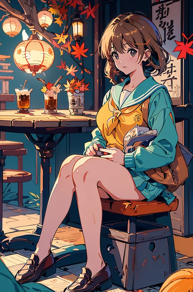(masterpiece:1.2), Highest quality,Pixiv,Surprised girl,Portraiture、1、Large Breasts、Small waist、Close-up of face、Ecstasy、((((Kyoto Animation、Autumn Outfits、Sailor suit、squat))))、mini skirt、Girl sitting、Beer and Yakitori、barefoot、Kitauji High School Uniform、loafers