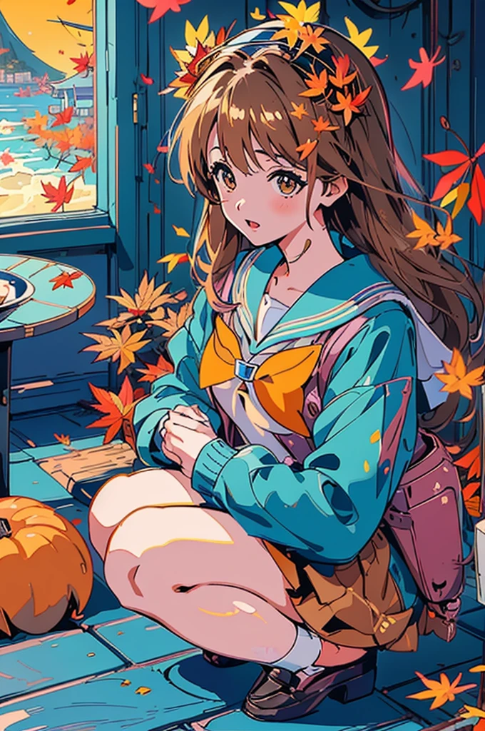 (masterpiece:1.2), Highest quality,Pixiv,Surprised girl,Portraiture、1、Large Breasts、Small waist、Close-up of face、???????、((((Kyoto Animation、Autumn Outfits、Sailor suit、squat))))、mini skirt、Girl sitting、Beer and Yakitori、barefoot、Kitauji High School Uniform、loafers