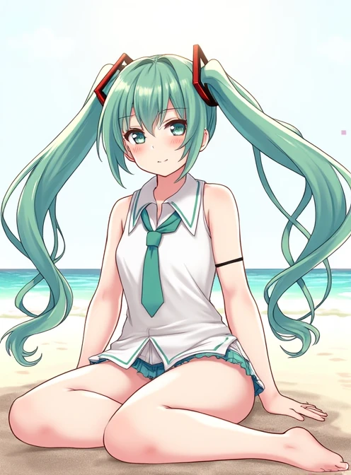 Make the character sit, with the same clothes and that is on the beach High resolution, 