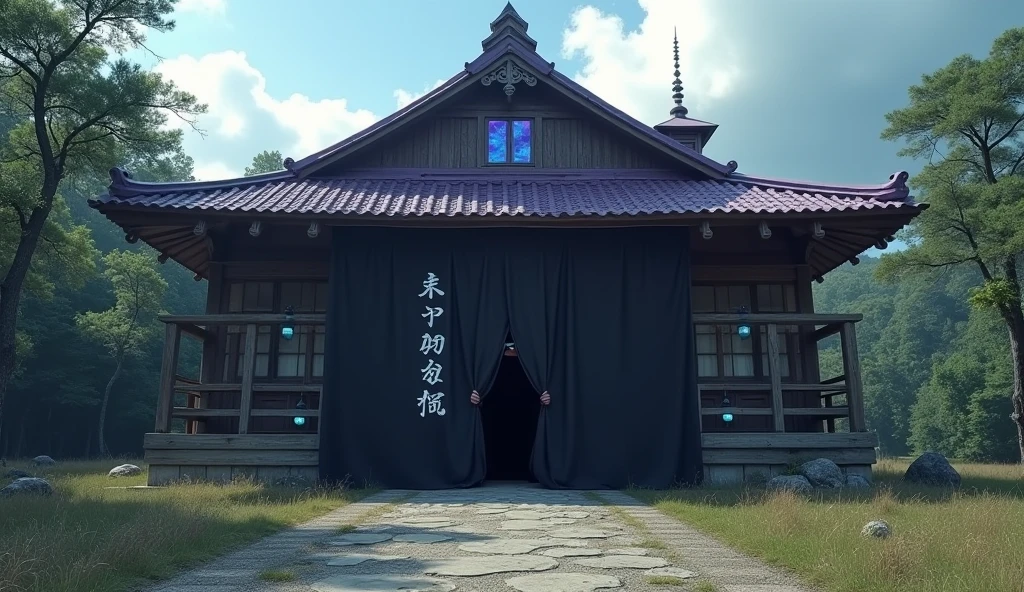 A mysterious large Japanese-style mansion、Wide width、Near the forest、Gaudy purple roof、It's a single-story wooden building with an eerie monument visible in the back.、Inspired by old Japanese houses、Creative religious facilities、辺境の寂しい場Placeにある、A glimpse of unknown technology、It has been several decades since it was built.、The surrounding background is bright during the day, so the area around the building has a creepy atmosphere to contrast with it.、Place々Rough、A large black curtain with mysterious letters written in white hangs at the entrance.、Someone dressed in black and blindfolded is peeking out from behind the curtain.、Several glowing blue lanterns are attached to the building.、The sky in the foreground is bright and blue, but dark clouds can be seen in the distance.、One room at the top back is glowing purple.