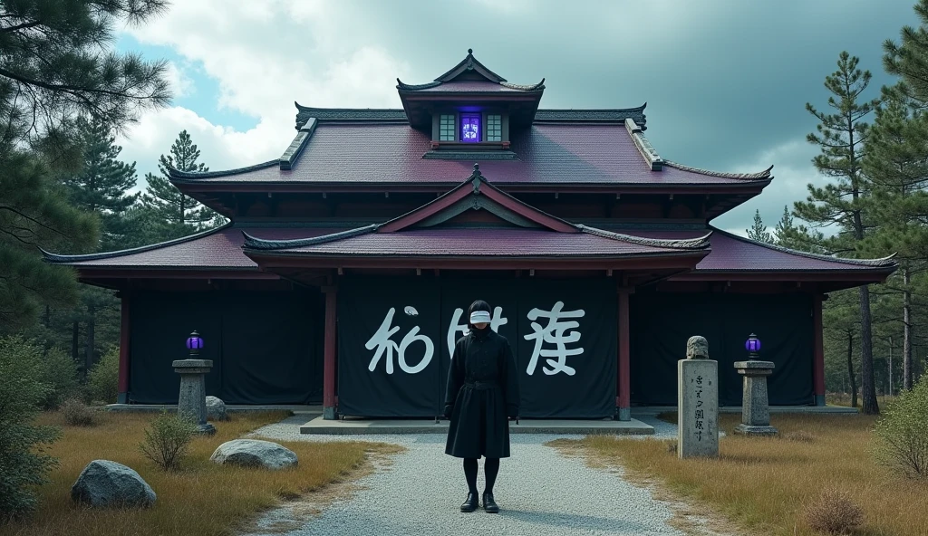 A mysterious large Japanese-style mansion、Wide width、Near the forest、Gaudy purple roof、It&#39;s a single-story wooden building with an eerie monument visible in the back.、Inspired by old Japanese houses、Creative religious facilities、辺境の寂しい場Placeにある、A glimpse of unknown technology、It has been several decades since it was built.、The surrounding background is bright during the day, so the area around the building has a creepy atmosphere to contrast with it.、Place々Rough、A large black curtain with mysterious letters written in white hangs at the entrance.、Someone dressed in black and blindfolded is peeking out from behind the curtain.、Several glowing blue lanterns are attached to the building.、The sky in the foreground is bright and blue, but dark clouds can be seen in the distance.、One room at the top back is glowing purple.