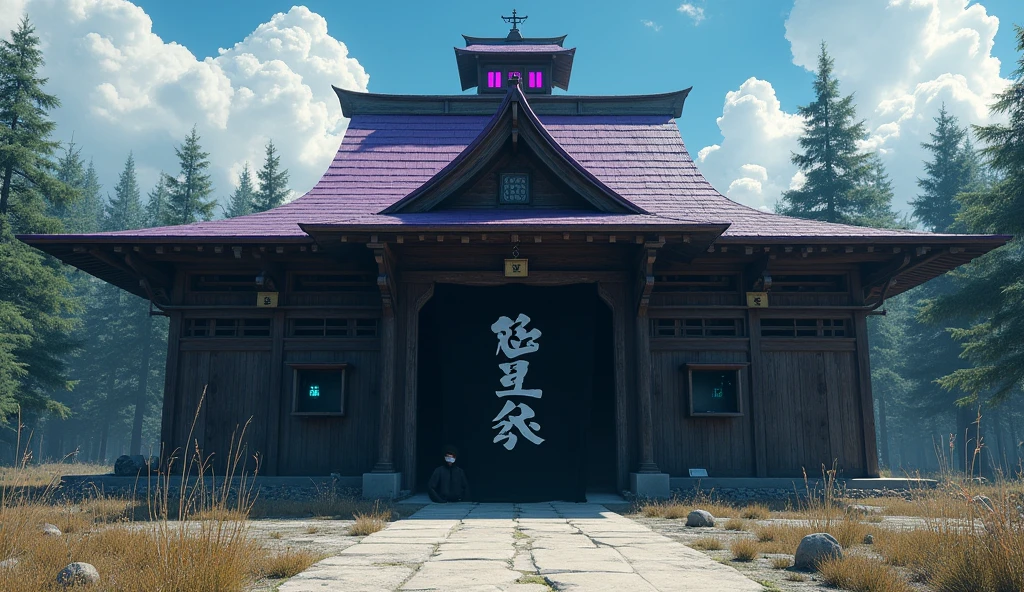A mysterious large Japanese-style mansion、Wide width、Near the forest、Gaudy purple roof、It's a single-story wooden building with an eerie monument visible in the back.、Inspired by old Japanese houses、Creative religious facilities、辺境の寂しい場Placeにある、A glimpse of unknown technology、It has been several decades since it was built.、The surrounding background is bright during the day, so the area around the building has a creepy atmosphere to contrast with it.、Place々Rough、A large black curtain with mysterious letters written in white hangs at the entrance.、Someone dressed in black and blindfolded is peeking out from behind the curtain.、Several glowing blue lanterns are attached to the building.、The sky in the foreground is bright and blue, but dark clouds can be seen in the distance.、One room at the top back is glowing purple.