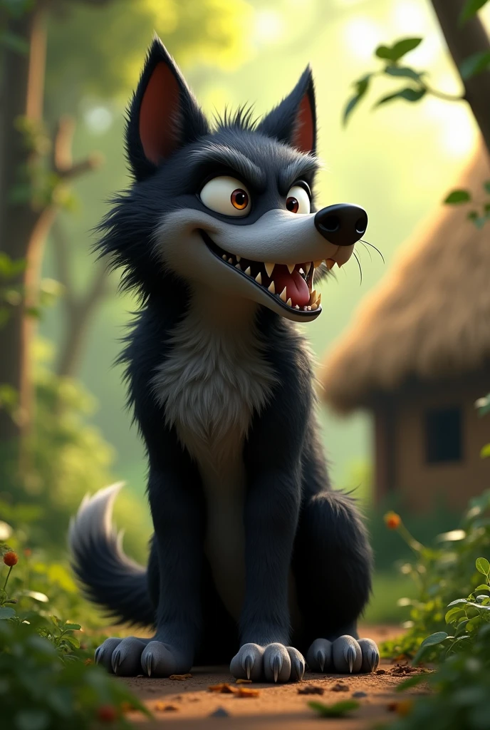 pixar style, sideview of a 3D cute but revengeful mischief black furry wolf with grey snout and belly, with realistic black fur, 3D illustration, laughing, looking at the wooden door of a straw house, (1male wolf:1.2), (sinister and mischief expression:1.5), dark behaviour, lean build, (disproportionate body long nose and mouth), (realistic fur texture), (jungle background:1.4), sunlight filtering through the trees, (soft lighting:1.3), (green and earthy color scheme:1.3), (highly detailed), (ultra quality:1.3), (masterpiece), (digital art), 8K resolution, HDR, depth of field, (soft shadows), (photorealistic:1.3), (animation:1.2), (by Greg Rutkowski:0.9), (in the style of Alphonse Mucha), trending on ArtStation, award-winning art