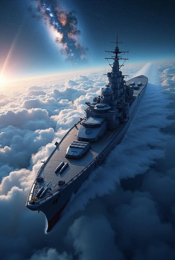 masterpiece,Highest quality,Ultra-high resolution,(Very detailed),8k,wallpaper,Realistic,(DSLR Canon style),break(A battleship-type spaceship heads towards the galaxy),(A bow appears from the clouds),(sf:2.0),(Based on the Yamato battleship motif、A sleek, futuristic spaceship design:2.0),(The background is space, milky way, and clouds:2.0),(dynamic,Major impact,Dynamic Angle:2.0),(Beautiful particles of light are emitted from the wave engine at the stern.:2.0),(Equipped with a wave motion gun at the bow:2.0),(Equipped with a triple electronic shock cannon turret),(Equipped with a triple electronic shock cannon turret),(Torpedo Launch Tubes Equipped),(Equipped with two missile launch towers),(Depth charge launcher equipment),(Equipped with numerous anti-aircraft pulse laser turrets)