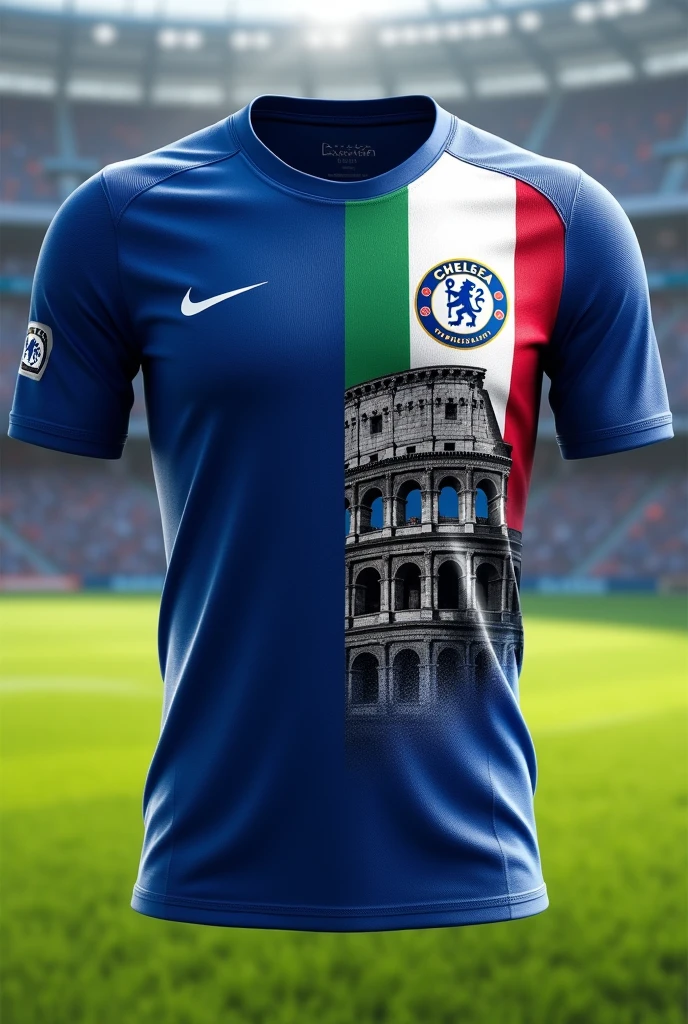 Make me a shirt in the colors of the Chelsea kit but with the Italian shield on the chest and the Roman Coliseum on the shirt