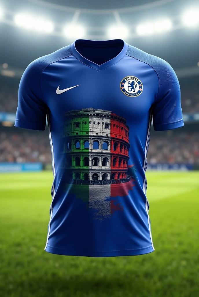 Make me a shirt in the colors of the Chelsea kit but with the Italian shield on the chest and the Roman Coliseum on the shirt 